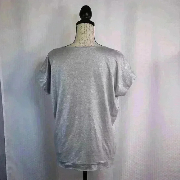 Eileen Fisher Size S 100% Linen silver metallic short sleeve jersey knit top - Picture 8 of 13